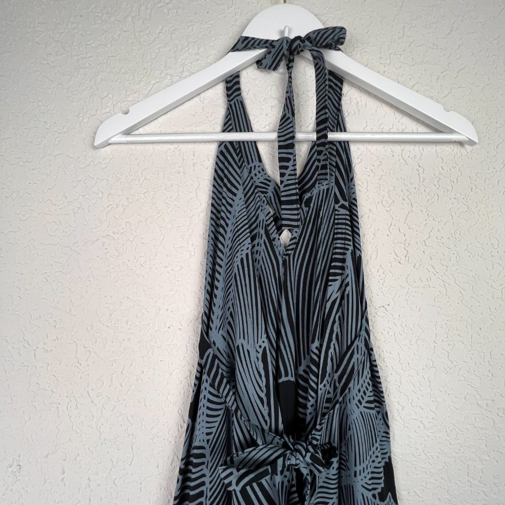 BOHO Womens Black White Long Maxi Striped Print Tie Halter Neck Dress - Picture 7 of 8